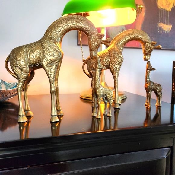 Vintage Brass Giraffe Statue Momma & Baby a Pair dbl set.